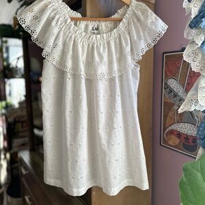 70’s Vintage White Eyelet Ruffle Off Shoulder Top Festival Cottagecore Coquette